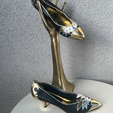 Vintage New Wave pumps shoes heels metallic leather silver gold black Sz 5.5M by Frankie & Baby Beverly Feldman 