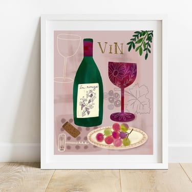 Red Wine With Grapes 8 X 10 Art Print/ Bar Cart Cocktail Illustration/ Modern Wine Bottle With Glass Wall Decor/ Gifts For Wine Enthusiasts 