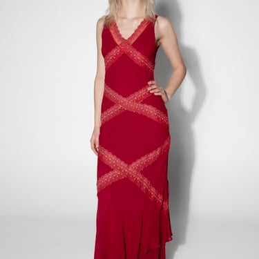 Sue Wong Red Silk Beaded Lace Dress