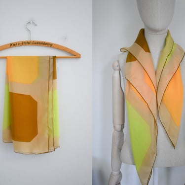 1960s Brown, Lime, and Orange Geometric Silk Scarf 