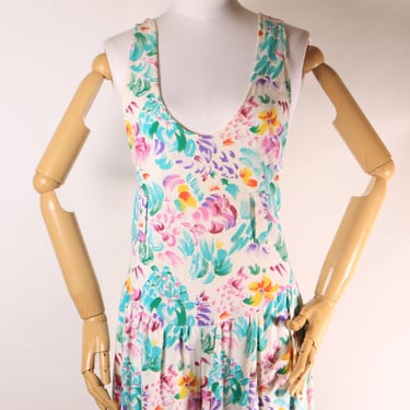 1980s White and Multi-Colored Floral Wide Strap Drop Waist One Piece Jumpsuit -L-XL 