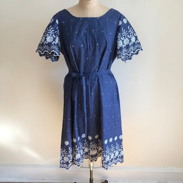 Embroidered Chambray Dress - 1970s 