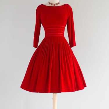 Darling Late 1950's Ruby Red Velveteen Party Dress / Small