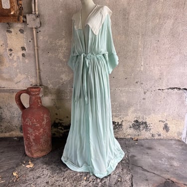 Antique Edwardian Baby Blue Silk Robe Dress Maxi Wrap Coat Dressing Gown Vintage