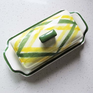 Vintage 1940s Plaid Butter Dish - 40s 50s Vernonware Green Yellow Ceramic  Lidded Container - Traditional Cottagecore Kitchen 
