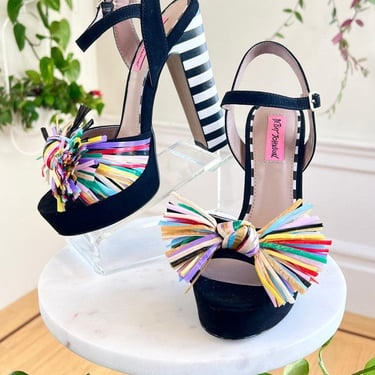 Modern BETSEY JOHNSON Heels | 1970s Style Black White Striped Colorful Raffia Pom Pom Open Toe Ankle Strap Chunky Heel Platforms | size US 8 