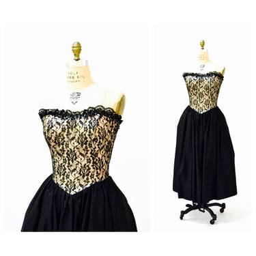 Vintage 80s Prom Dress Strapless Black Lace Sequin Crinoline Dress Size XS Small// 80s does 50s Black Party Bridesmaid Dress Gunne Sax 