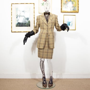 Vintage 1980s Wool Check Suit With Knee Pencil Skirt And Single Breasted Blazer Size M UK 12 