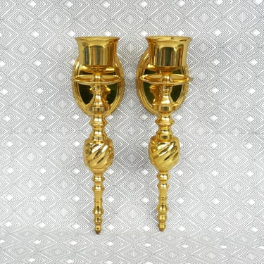 Vintage Shiny Brass Wall Candle Sconces - Set of 2 - Made in India - Heavy - Vintage 1980s 