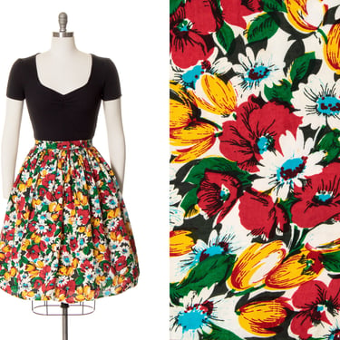 Vintage 1940s Skirt | 40s Floral Print Cold Rayon High Waisted Full Swing Skirt (small) 