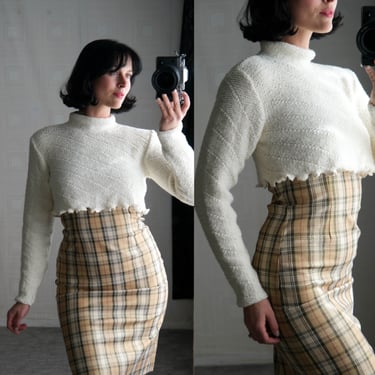 Vintage 90s DONNA KARAN Black Label White Cropped Diagonal Knit Rolled High Neck Sweater w/ Lettuce Hemline | 1990s DKNY Designer Sweater 