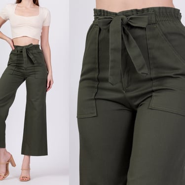 70s Olive Drab Utility Pants - Extra Small | Vintage High Rise Elastic Paper Bag Waist Army Green Kick Flare Cargo Trousers 