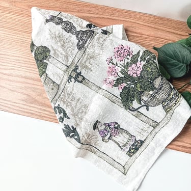 Vintage Cotton Tea Towel/ Kitchen Dish Towels/ Farmhouse French Country Cottage Core/ 1980s MCM Green Purple Pink Floral/ Courting Couple 