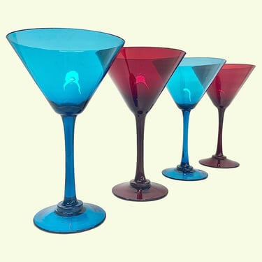 Vintage Martini Glasses Retro 1990s Contemporary + Blue and Red + Glass + Set of 4 + Modern Stemware + Colorful Glassware + Bar + Drinking 