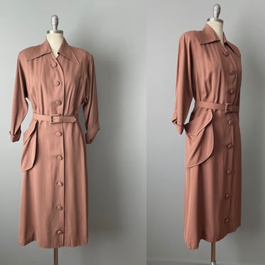 1940s Day Dress / Dress with Pockets/ 1940s Gabardine Dress / Size Medium Size Large 