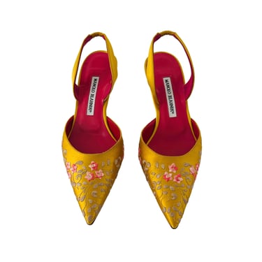 Manola Blahnik Yellow Embroidered Heels