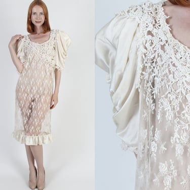 Lorrie Kabala Lace Victorian Dress, Gatsby Style Edwardian Sheer Outfit, Art Deco Designer Wedding Midi Gown 