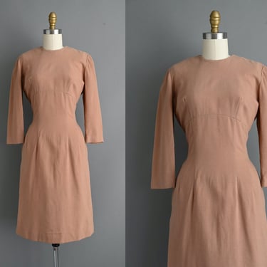 1950s vintage dress | Camel Wool Pencil Skirt Dress | Small | 
