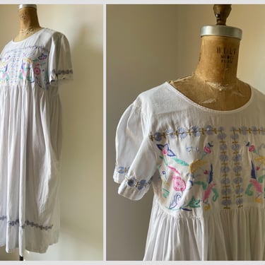 Vintage ‘90s white cotton dress, made in India | embroidered short sleeve dress, empire waist, S/M 