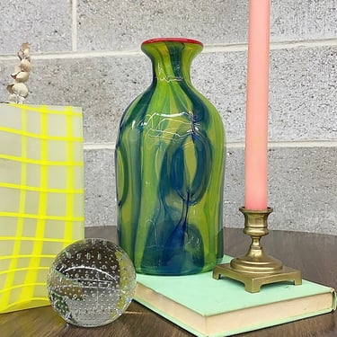 Vintage Vase Retro 2000 Hand Blown Glass + Clear + Green and Blue + Murano Style + Art Glass + Sculpture + Home Accent and Decor 