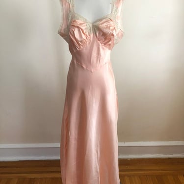 Peach/Coral Satin Slip with Lace Trim - 1940s 
