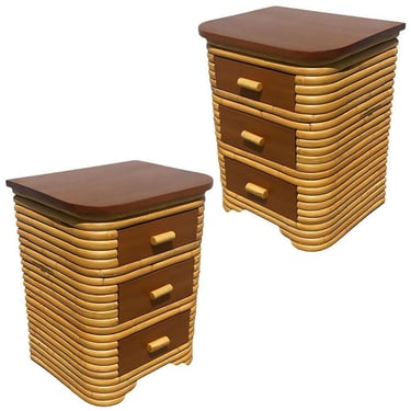 Restored Streamline Art Deco Stacked Rattan Bedside Table W/ Mahogany Top, Pair 