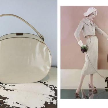 Their Mistress's Call - Vintage 1950s Ivory Almond Milk Vinyl Patent Leather Round Handbag Purse 