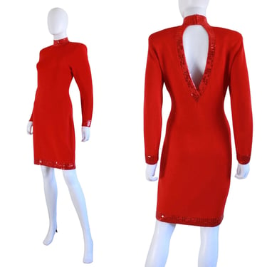 Vintage St. John Knits Evening Red Cocktail Dress - Vintage Red Knitwear Dress - Vintage Red Wiggle Knit Dress | Size Small / Medium 
