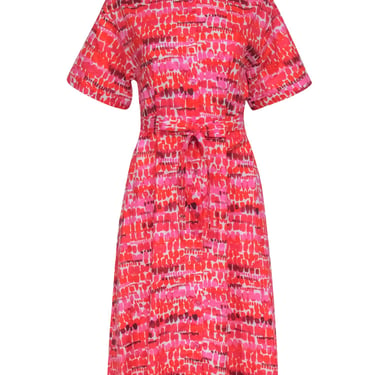 Tucker - Button Down Red &amp; Pink Abstract Pattern Shirt Dress Sz M