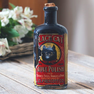 Vintage Black Cat Stove Polish 1920s / JJ Prescott Co polish bottle / vintage advertising / vintage collectable bottle / vintage decor 