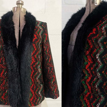 Vintage Alberto Makali Open Front Cardigan Blazer Jacket Black Red Green Long Sleeve Faux Fur Trim Missoni Style Zig Zag Large XL 1990s 
