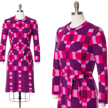 Vintage 1970s Dress | 70s VERA NEUMANN Op Art Geometric Jersey Knit Long Sleeve Belted Shift Day Dress Wearable Art Purple Pink (small) 