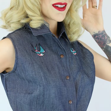 Embroidered Sparrows Denim Knot Top XS-4XL 
