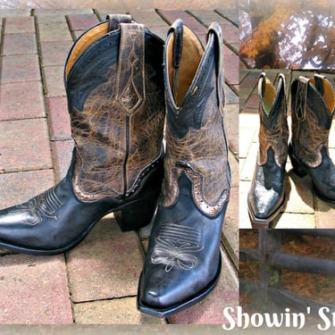 CLEARANCE!  Sterling River Vintage Western Women's Cowgirl Shortie Boots, All Leather, Bronze Trim with Crackle Finish Shafts, USA Size 6.5B 