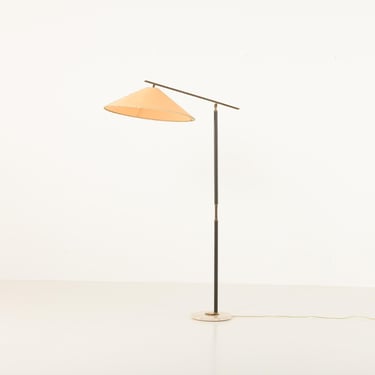 Italian mid century lamp in brass and leather with extra large shade, 1950s 