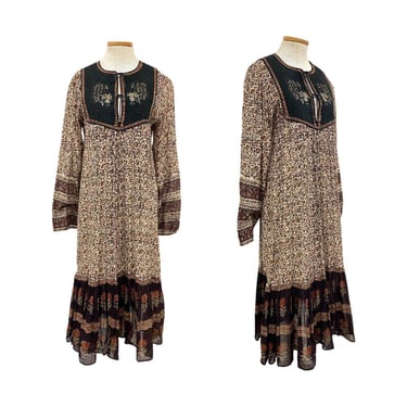 Vtg 70s Black Brown Peacock Embroidered Bibbed Indian Block Print Tunic Dress 