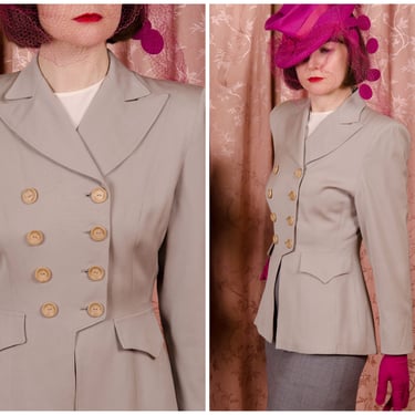 1940s Jacket - Striking 40s Tailored Wool Jacket in Dove Grey with Peaked Lapels and Double Breasted Closure 