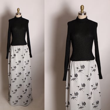 1970s Black and Gray Novelty Goose Bird Print Long Sleeve Full Length Turtleneck Dress by Fred Rothschild -XL 