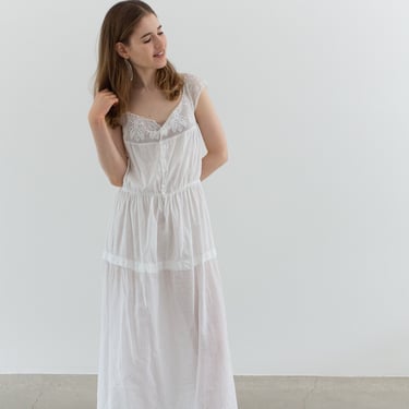 Vintage White Cotton Crochet Dress | Antique Tiered Summer Nightgown | XS | 