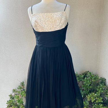 Vintage 60s cocktail dress short black chiffon satin beaded bodice Sz XS Jay Herbert CA 