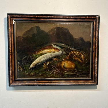 19th Century Still Life Painting in the Manner of Guiseppe Recco- 1800s - Freshly Caught Seafood - Dark Mountains - Coastal Scene 