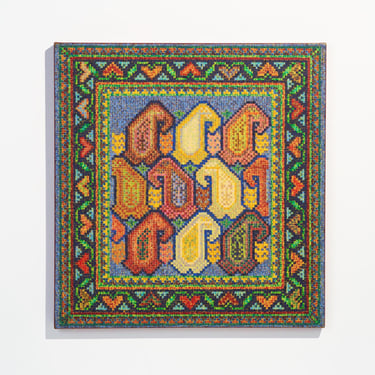 Large Vintage 1970s Original Painting on Canvas of Geometric Folk Patterns // Vibrant 30” Square Statement Artwork // Artist Signed E. Vial 