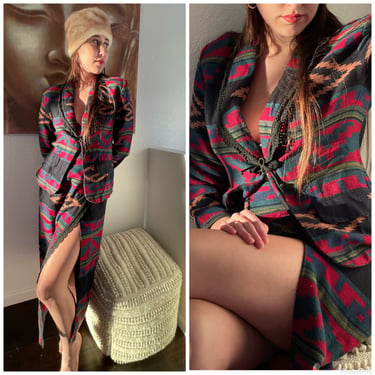 80s print knit matching set suit blazer & Wrap skirt southwest M 