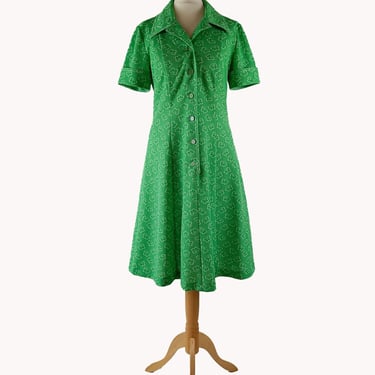 Tiina 1970s Spring Green Floral Shirt Dress - Finnish Vintage - Size S 