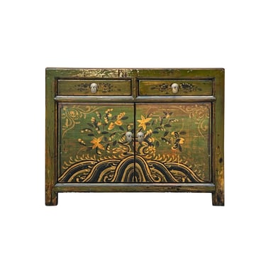 Chinese Distressed Olive Grass Green Graphic Sideboard Console Cabinet cs7671E 