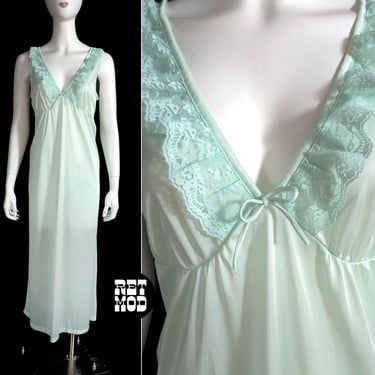 Sweet Vintage 60s 70s Pastel Mint Green Long Nightgown with Ruffles 