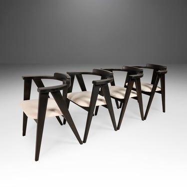 Set of Four (4) Ebonized Oak Compass Dining Chairs after Alan Gould for Knoll in New Boucle Upholstery, USA, c. 1960's 