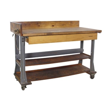 Pine &#038; Butcher Block Steel Frame 2 Drawer Work Table