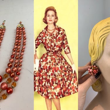 Toned To Perfection - Vintage 1950s 1960s Coral & Rust Pearl Beads Necklace Earring Set 