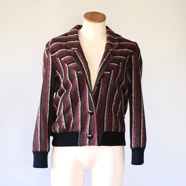 Vintage Woven Striped Wool Shawl Collar Jacket - 1970s Knit Cuff Yoked Jacket - Medium 